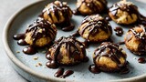 Piatto con biscotti rotondi, decorati con cioccolato fondente e granella di frutta secca. Dolcetti ideali per accompagnare il tè o il caffè