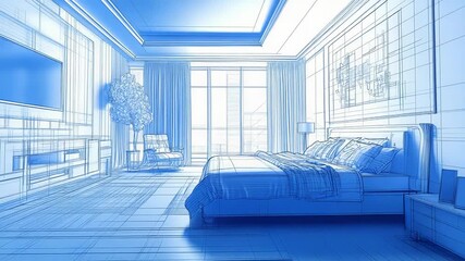 Blueprint of modern bedroom showing design and furniture placement