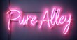 © antishock - Bright pink neon sign displays cursive text Pure Alley against muted wall. Simple lighting creates dramatic effect.