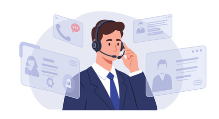 A professional man wearing a headset and suit, surrounded by floating digital interfaces displaying customer contact information and communication icons, rep...