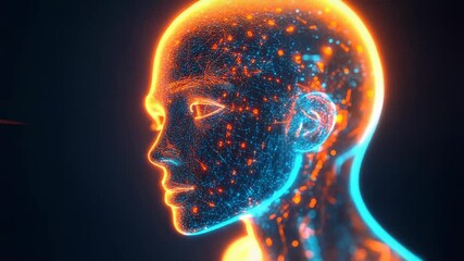 Artificial intelligence, human head showing digital data flowing