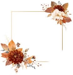 Poster - Autumn floral square frame PNG. Fall wreath. Rusty fowers border. Terracotta wdding. Thanksgiving card