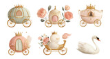 Elegant Fairy Tale Carriages with Roses and Swan on Transparent Background