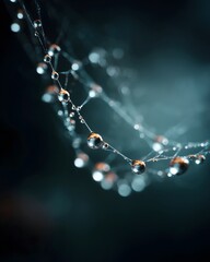 Macro view of water droplets on delicate spider silk threads, captured with shallow depth of field. Ideal for nature, minimalism, and texture concepts.