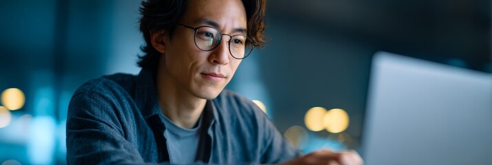 Software engineer concentrating on the laptop screen, working late into the night in a dimly lit office, deeply focused on coding and problem solving for complex projects