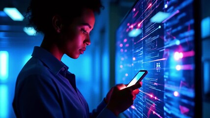 Focused woman using smartphone while interacting with vibrant digital data display in a tech environment
