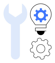 Wall Mural - Wrench next to light bulb and gear representing innovation, problem solving, engineering, and creativity. Ideal for technology, innovation, teamwork, strategy, engineering workflow simple flat