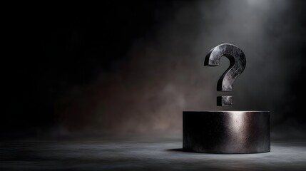 Wall Mural - a metallic question mark hovers above a cylindrical pedestal set against a dramatic dark and smoky b