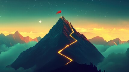 Wall Mural - Scenic view of a winding illuminated trail reaching a mountain peak with a red flag under a serene sky
