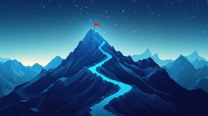 Wall Mural - Scenic view of a winding illuminated trail reaching a mountain peak with a red flag under a serene sky
