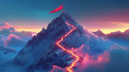 Wall Mural - Scenic view of a winding illuminated trail reaching a mountain peak with a red flag under a serene sky
