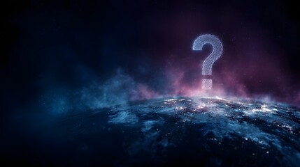 Wall Mural - a luminous particle based question mark floats above a futuristic planet symbolizing global inquiry 
