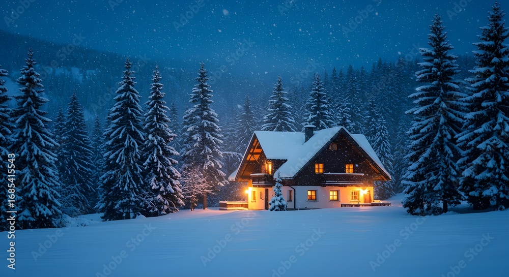 Árboles de Navidad iluminados cerca de una mansión de lujo en un bosque con guirnaldas doradas que caen del cielo, ilustración generativa de IA