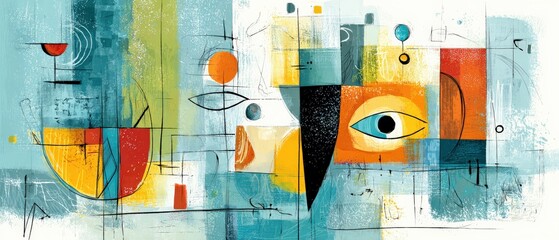 Wall Mural - abstract midcentury modern art with geometric shapes and eye, colorful painting with retro aesthetic