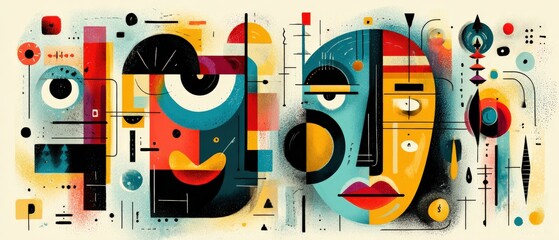 Wall Mural - vibrant abstract cubism art featuring two stylized faces with geometric shapes and bold colors moder