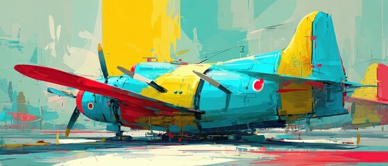 Wall Mural - colorful abstract painting of a vintage airplane with vibrant red, yellow, and blue hues, showcasing