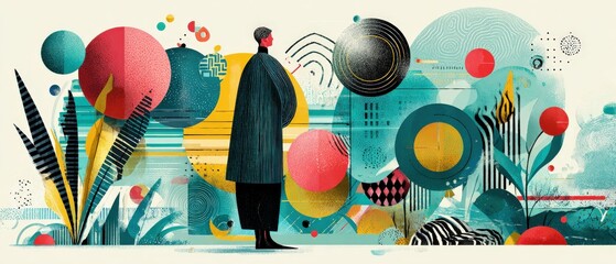 Wall Mural - abstract art of a nonbinary person in a long coat standing amidst colorful geometric shapes and plan
