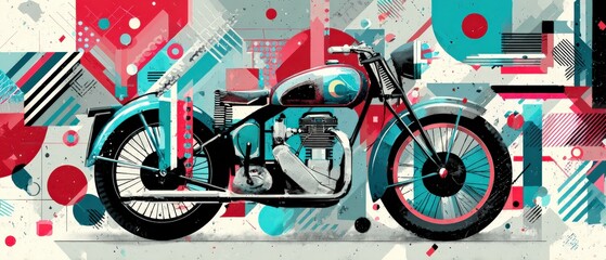 Wall Mural - retro motorcycle art with geometric shapes in red, teal, and black vintage motorbike illustration wi