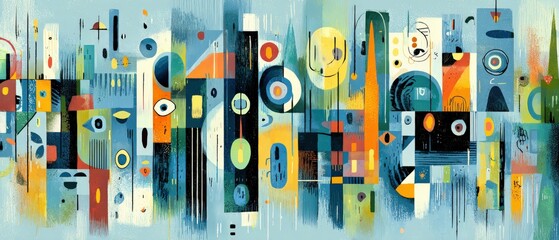 Wall Mural - vibrant abstract cityscape painting with geometric shapes and midcentury modern style colorful artis