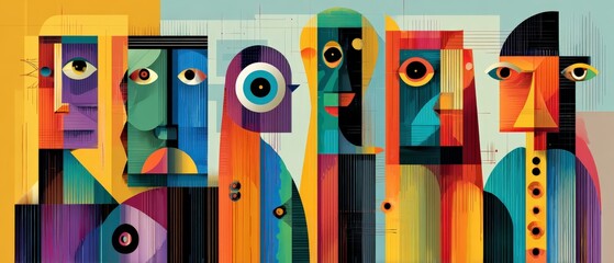 Wall Mural - abstract geometric faces with vibrant colors in a modern art style, showcasing cubism and surrealism
