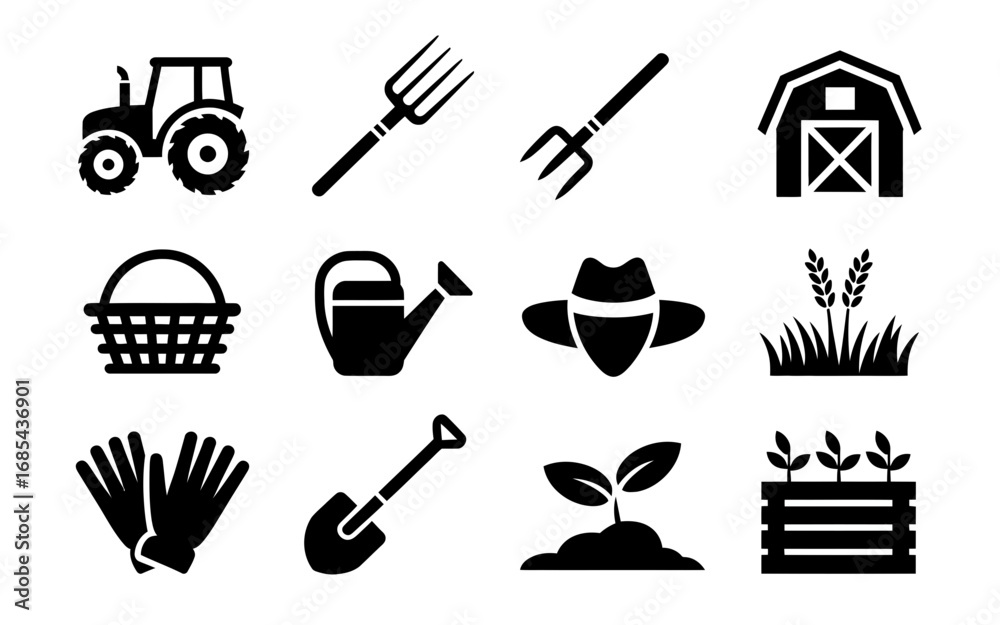 Set of 12 essential farm and agriculture vector icons for digital and ...