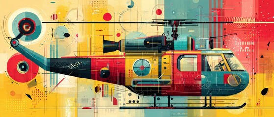 Wall Mural - abstract colorful helicopter illustration with geometric shapes and lines in a vibrant retro style c