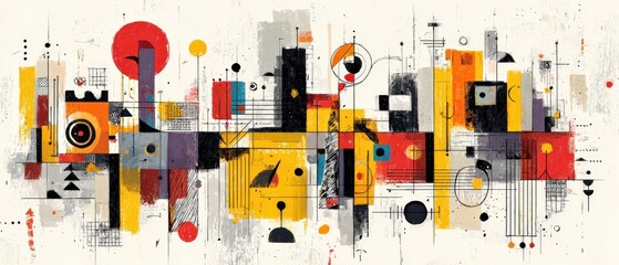 Wall Mural - abstract geometric cityscape painting with vibrant colors, midcentury modern style, and textured bac