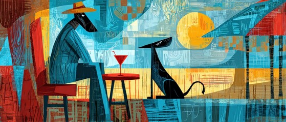 Wall Mural - stylish abstract illustration of a man with a dog enjoying a cocktail in a vibrant, midcentury moder