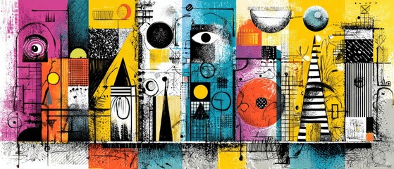 Wall Mural - vibrant abstract painting with geometric shapes and bold colors, modern artistic expression with eye