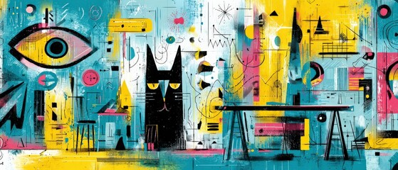 Wall Mural - abstract painting of a black cat with yellow eyes surrounded by geometric shapes and an eye, in a co