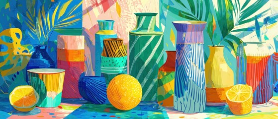 Wall Mural - vibrant still life painting of colorful vases, lemons, and tropical leaves in a bright, modern style