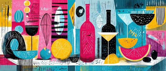Wall Mural - vibrant still life painting of wine bottles, cocktail glasses, and citrus fruits in a colorful abstr