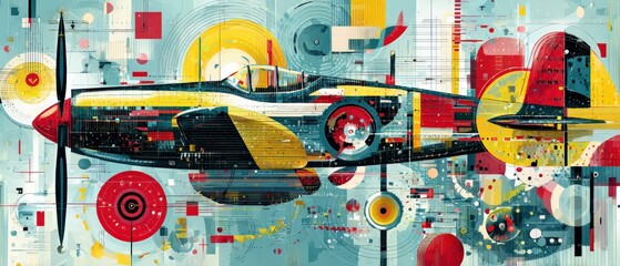 Wall Mural - abstract vintage airplane illustration with geometric shapes in red, yellow, and blue concept of avi