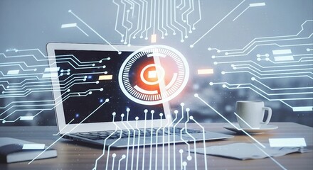 Laptop with Digital Circuit Board Overlay | Technology, Artificial Intelligence and Machine Learning Concept for Business and Innovation