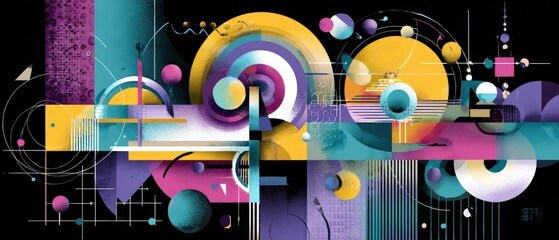 Wall Mural - vibrant abstract geometric art with circles and lines on black background modern colorful design wit