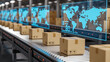 © graphicmount - Automated logistics warehouse with digital displays tracking global shipments and packages on a conveyor belt