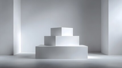 Wall Mural - white geometric tiered podium in a bright minimalist studio setting with clean lines and subtle shad