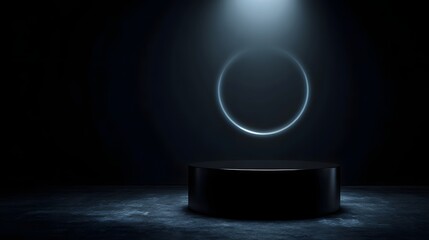 Wall Mural - Modern black podium with glowing neon ring light and dramatic spotlight in a dark atmospheric studio for product presentation or abstract display