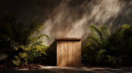 Wall Mural - empty wooden podium illuminated by warm natural light surrounded by lush green plants against a text