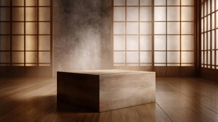 Wall Mural - a minimalist wooden podium stands in a serene japanese style room bathed in soft warm light filterin