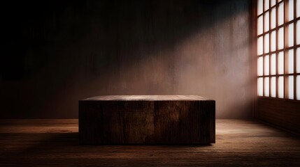 Canvas Print - a rustic wooden podium centrally positioned in a dimly lit japanese style room with soft light filte