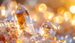 © fina - A mesmerizing close-up of luminous crystals bathed in warm, ethereal golden light, showcasing their exquisite clarity and captivating sparkle