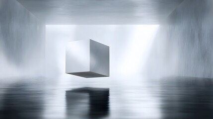 Wall Mural - floating metallic cube in a stark minimalist white room with soft light and reflective surfaces crea