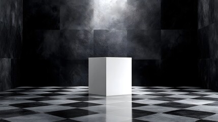 Wall Mural - white cube podium on reflective checkered floor illuminated by a dramatic overhead spotlight in a mo