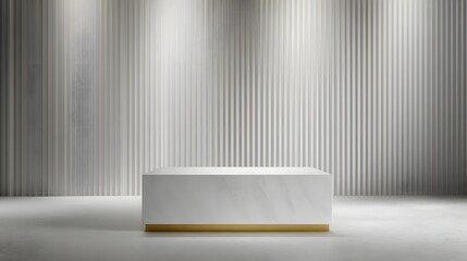 Wall Mural - elegant white marble podium with a gold base against a textured fluted wall illuminated by soft stud