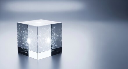 Futuristic transparent cube with digital star network on reflective surface