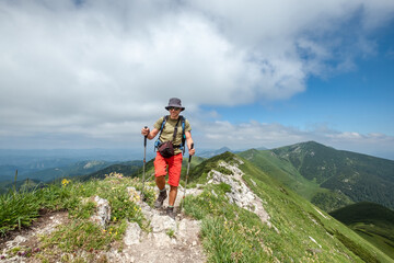 Wall Mural - hiker with trekking poles and backpack navigating rocky mountain trail on sunny day, scenic rolling 