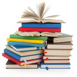 © Sumanta - pile of books. stack of colorful books isolated on white background. A disorganized stack of children's books on white background.