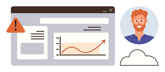 Web dashboard with notification alert, growth chart, user avatar, and cloud icon. Ideal for analytics, data management, user interface, online monitoring technology growth teamwork. A simple flat
