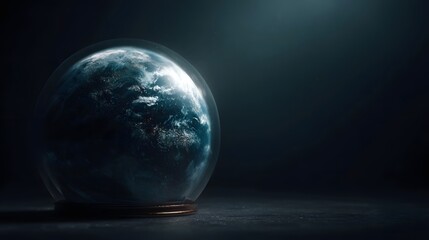 Wall Mural - planet earth encased in a protective glass dome illuminated dramatically against a dark atmospheric 